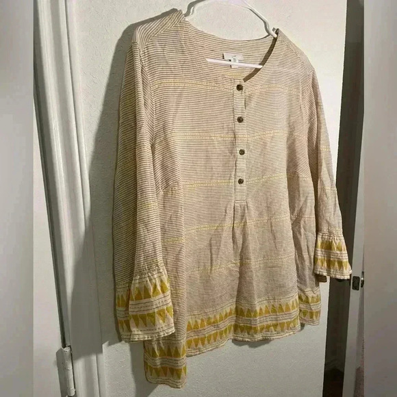J Jill Top Beige Yellow Stripe Aztec Boho Flounce Sleeve Blouse Organic Cotton - Picture 3 of 10
